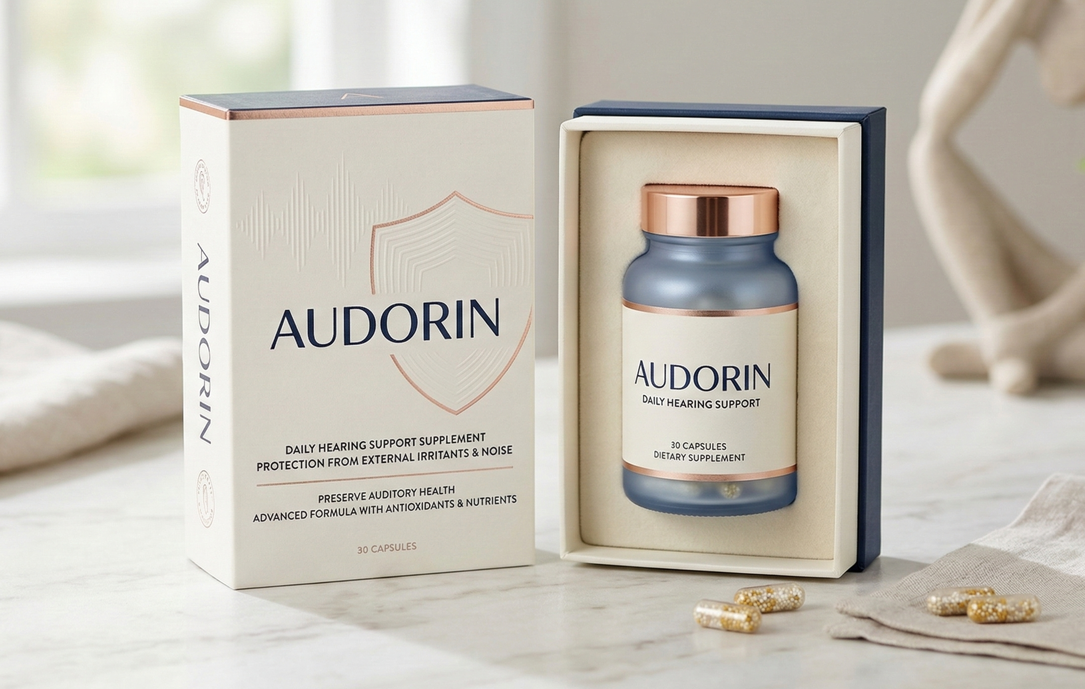 Audorin — suplemento alimentar de 30 cápsulas para conforto auditivo diário